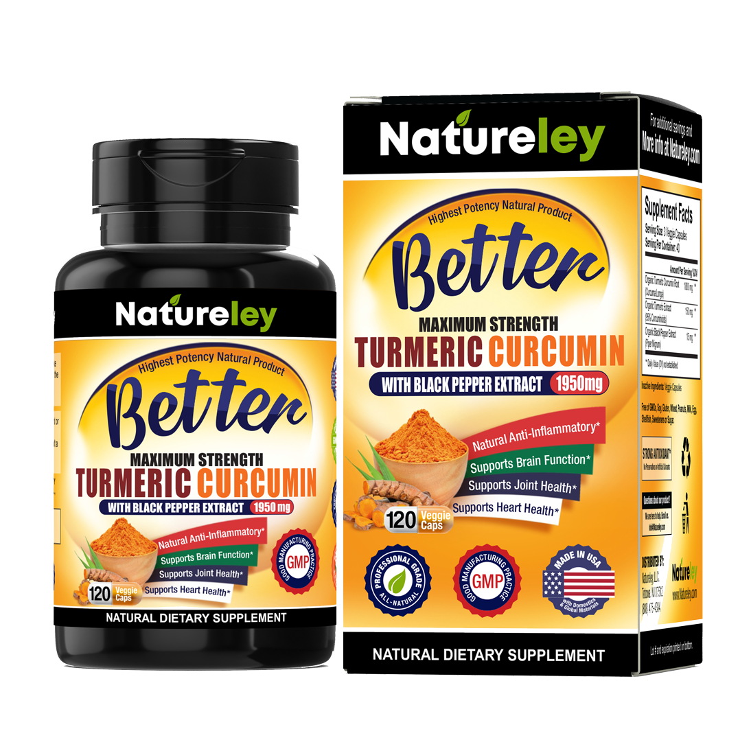 Organic Turmeric Curcumin with Black Pepper Extract - 1950mg -180 Caps